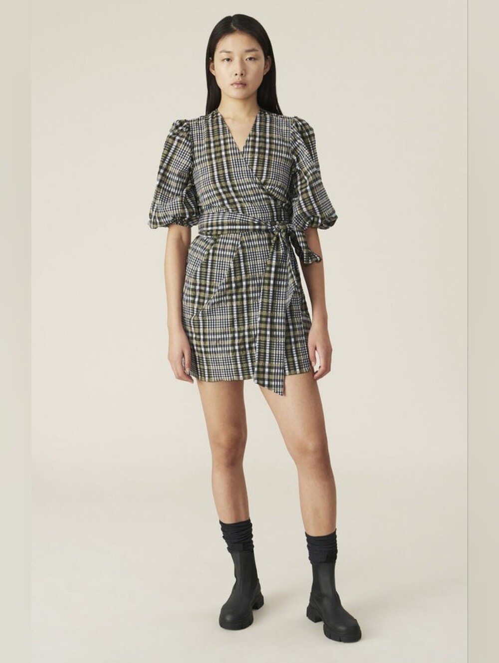 Ganni Seersucker Plaid Check Mini Wrap Dress Puff Sleeve Size S